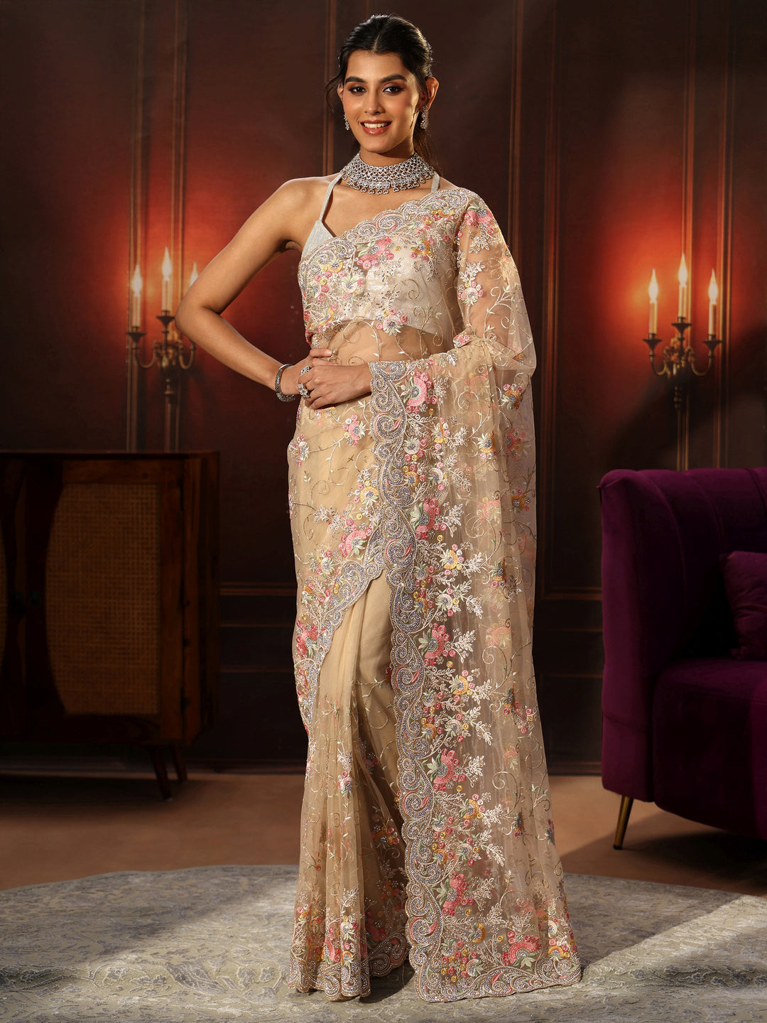 Libas Art Beige Floral Embroidered Net Saree