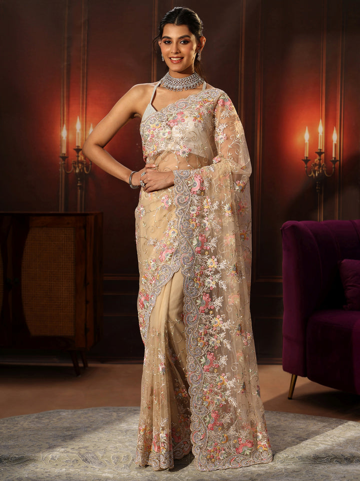 Libas Art Beige Floral Embroidered Net Saree