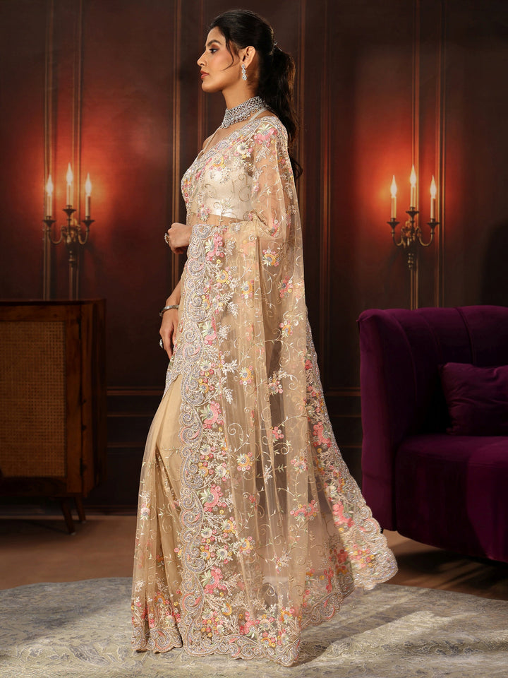 Libas Art Beige Floral Embroidered Net Saree