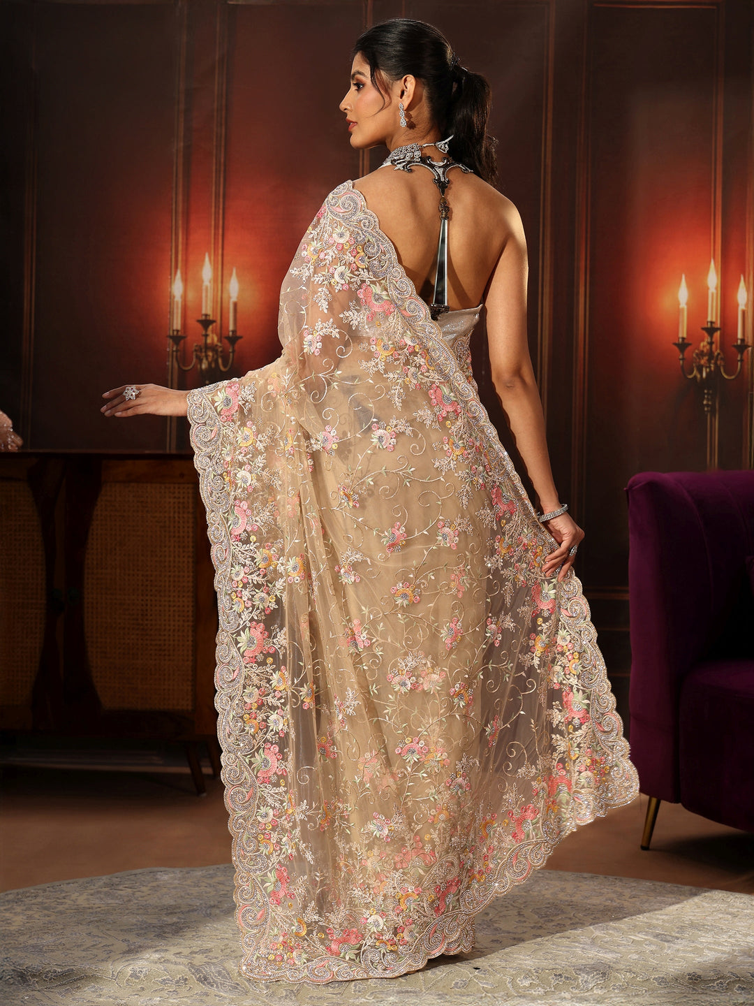 Libas Art Beige Floral Embroidered Net Saree