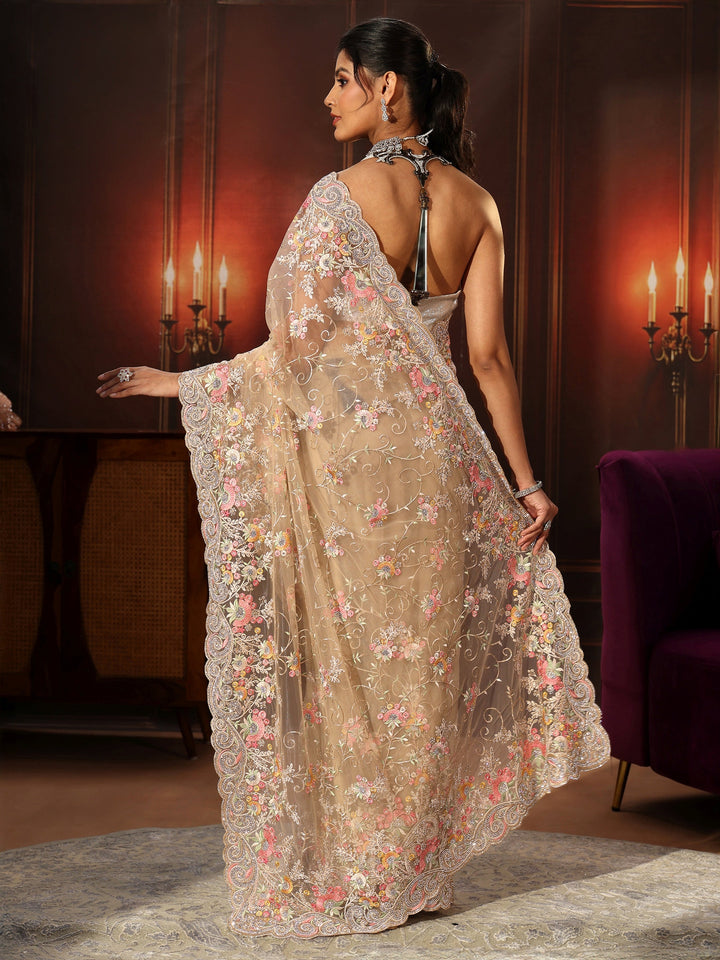 Libas Art Beige Floral Embroidered Net Saree
