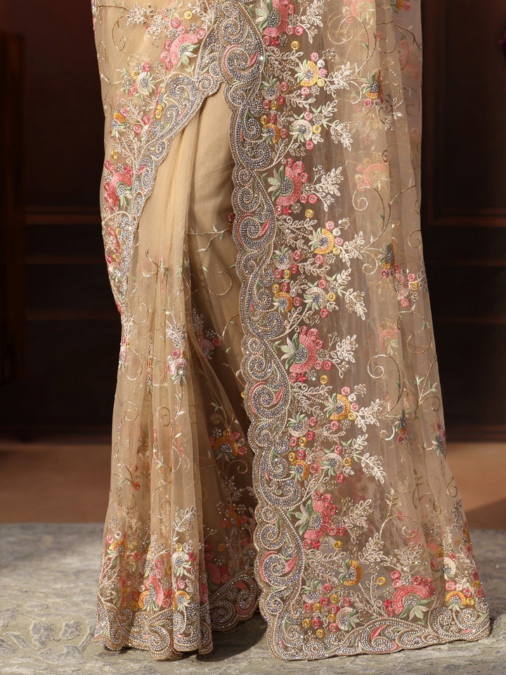 Libas Art Beige Floral Embroidered Net Saree