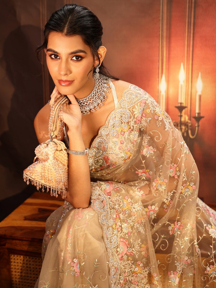 Libas Art Beige Floral Embroidered Net Saree