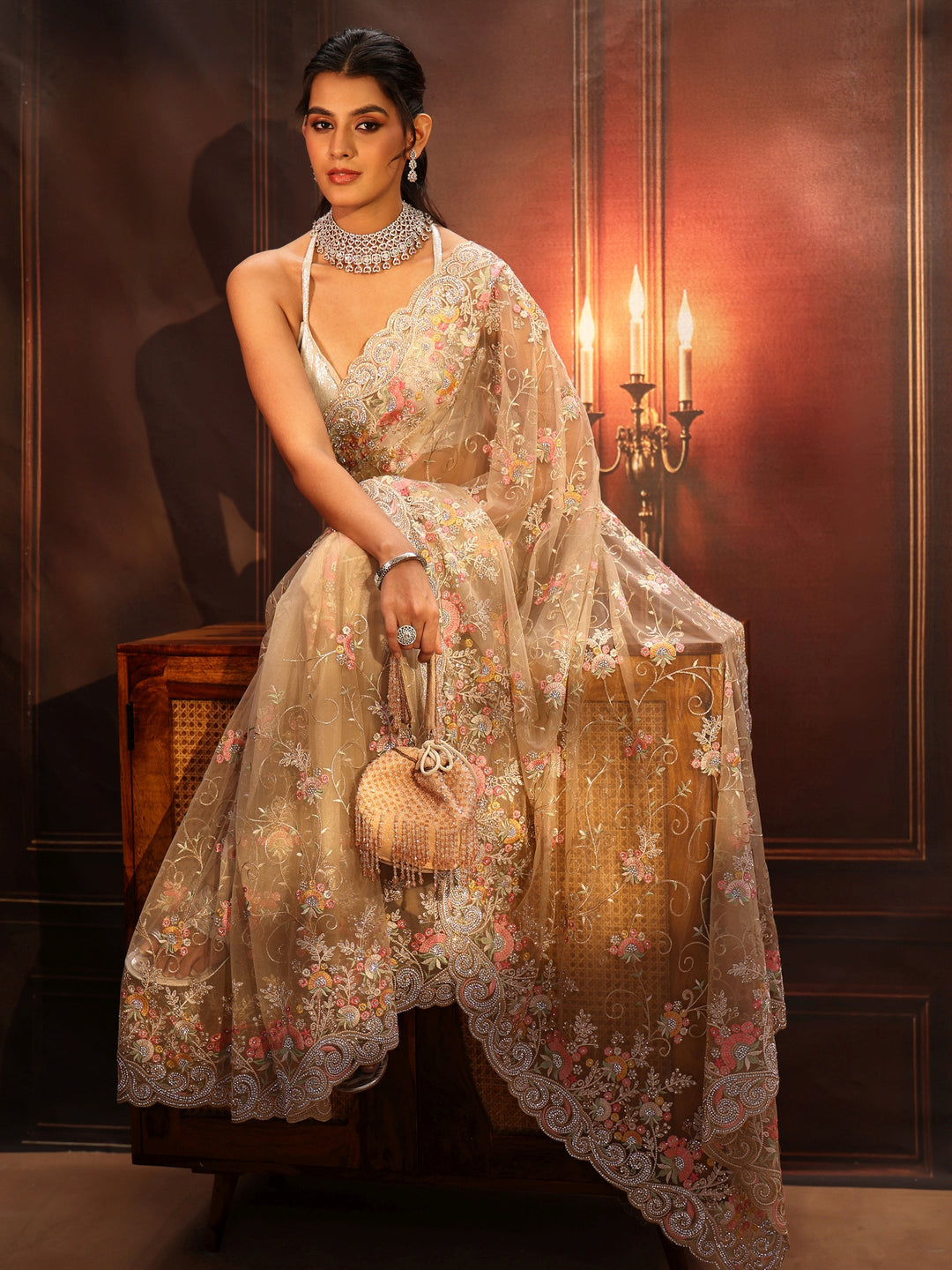 Libas Art Beige Floral Embroidered Net Saree