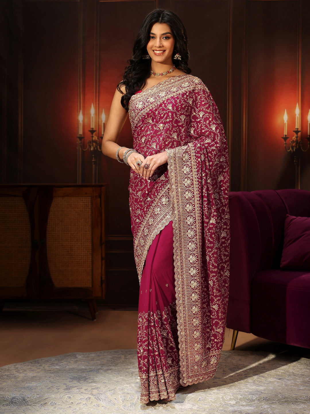 Libas Art Magenta Pink Floral Embroidered Georgette Saree