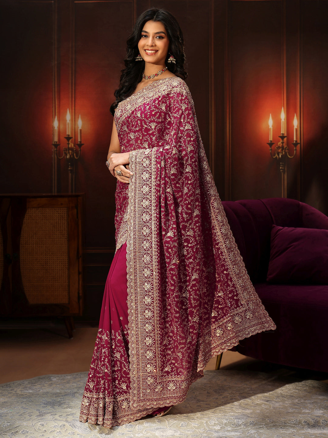 Libas Art Magenta Pink Floral Embroidered Georgette Saree
