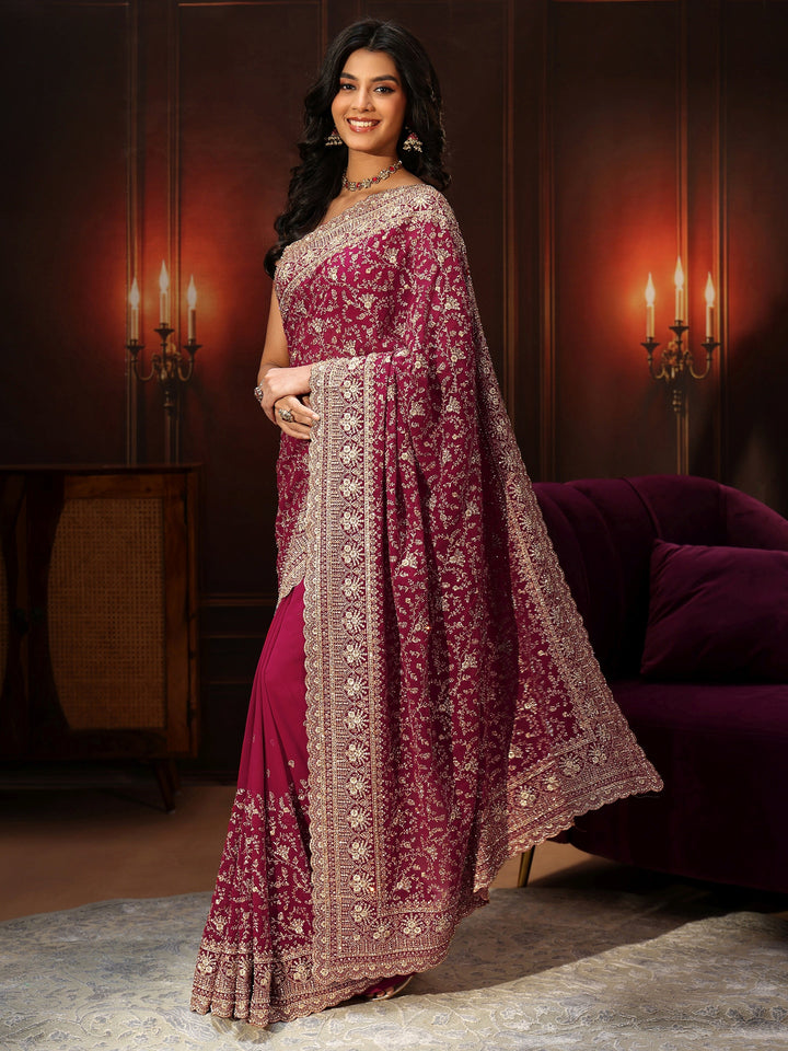 Libas Art Magenta Pink Floral Embroidered Georgette Saree