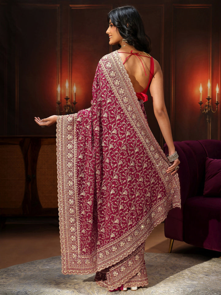 Libas Art Magenta Pink Floral Embroidered Georgette Saree