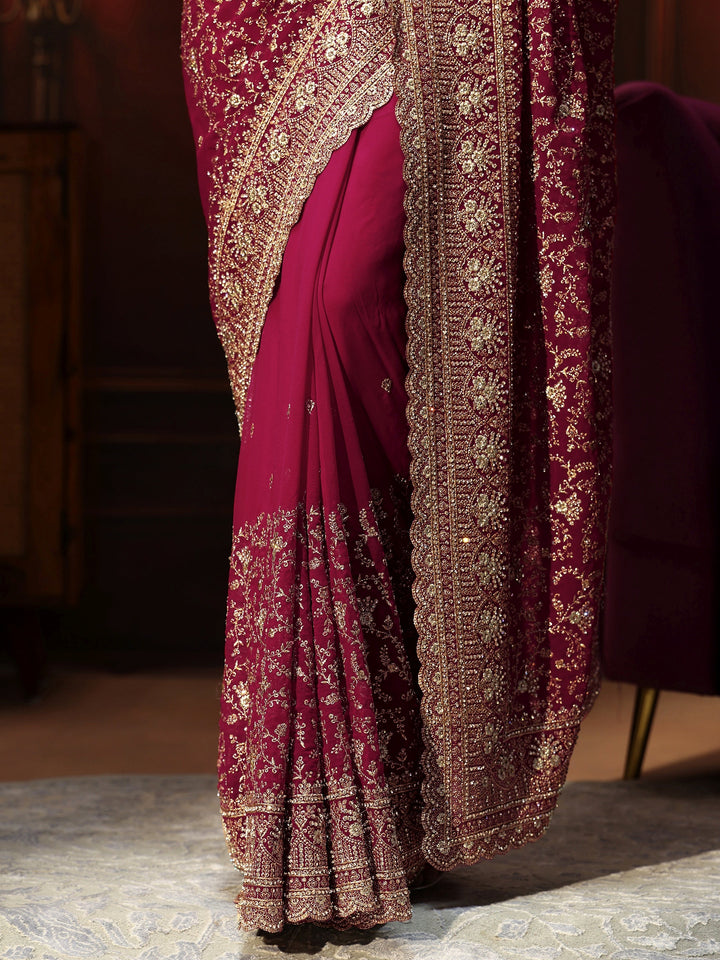 Libas Art Magenta Pink Floral Embroidered Georgette Saree