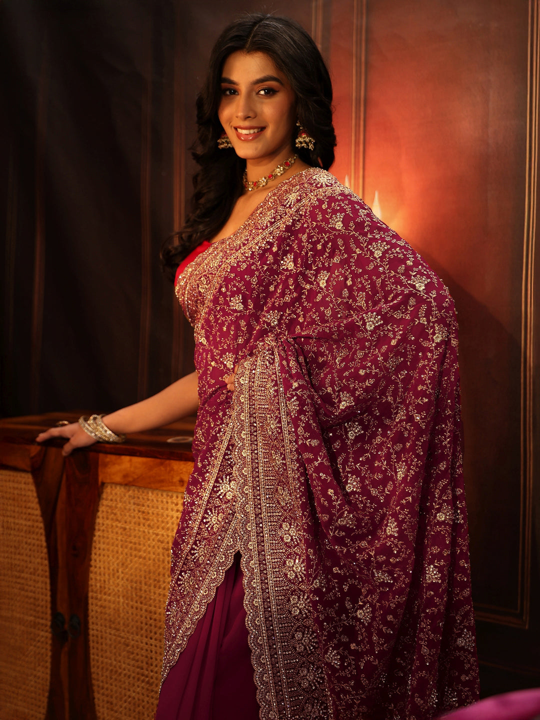 Libas Art Magenta Pink Floral Embroidered Georgette Saree