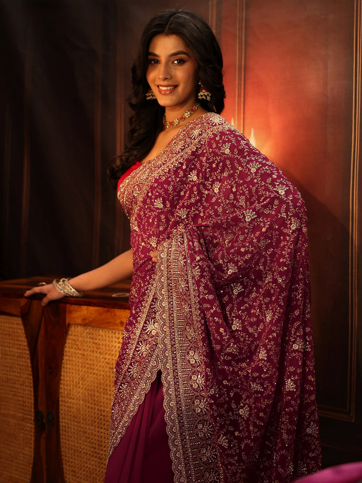 Libas Art Magenta Pink Floral Embroidered Georgette Saree