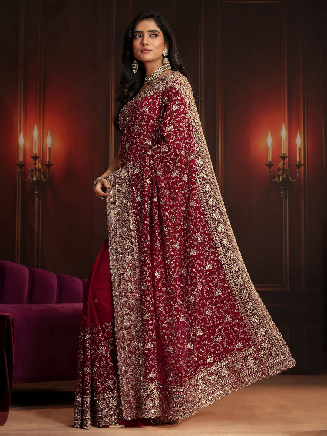 Libas Art Deep Maroon Red Embroidered Georgette Saree
