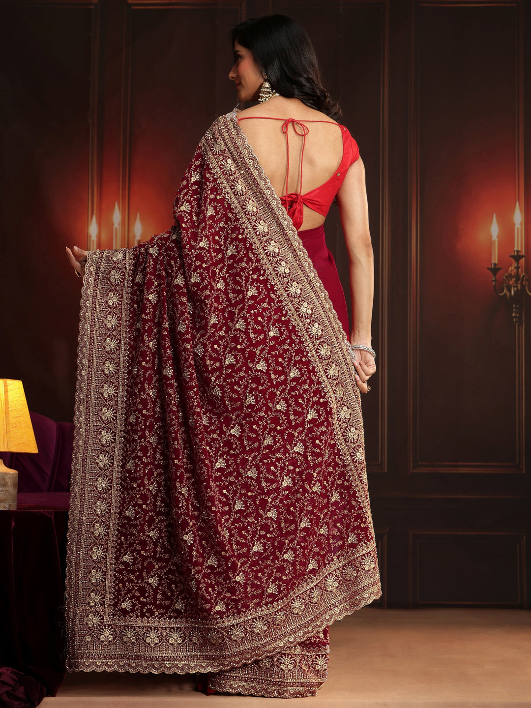 Libas Art Deep Maroon Red Embroidered Georgette Saree