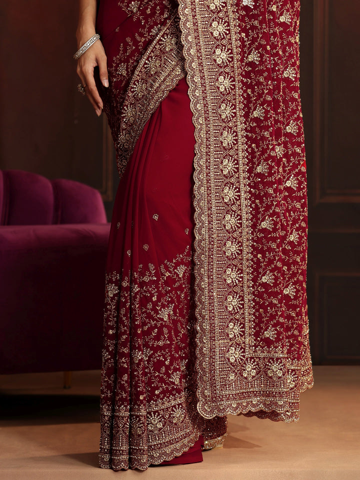 Libas Art Deep Maroon Red Embroidered Georgette Saree