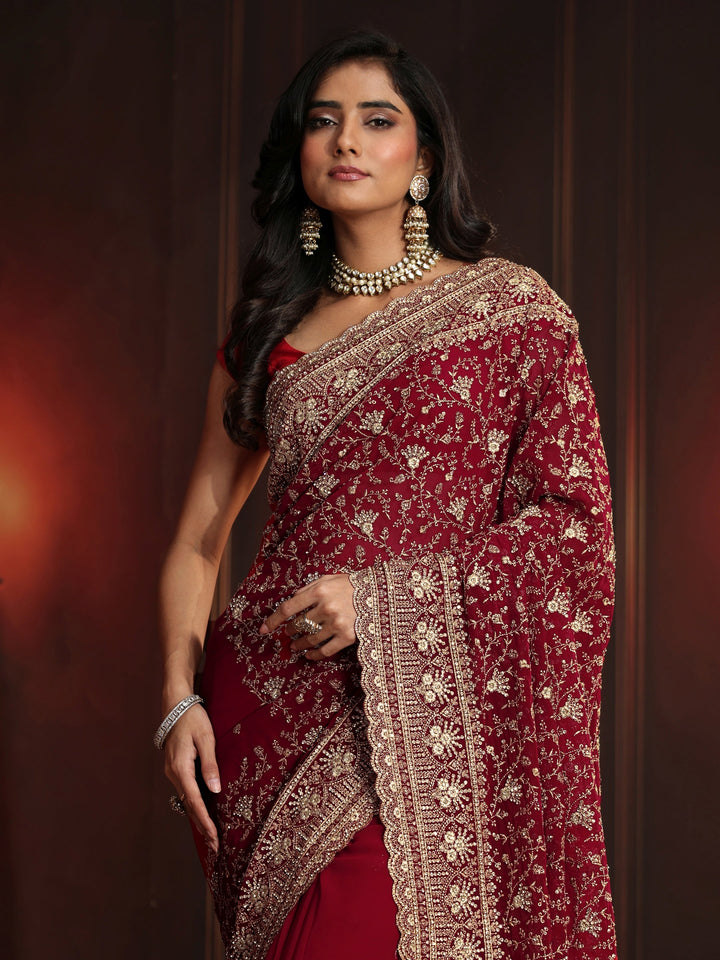Libas Art Deep Maroon Red Embroidered Georgette Saree