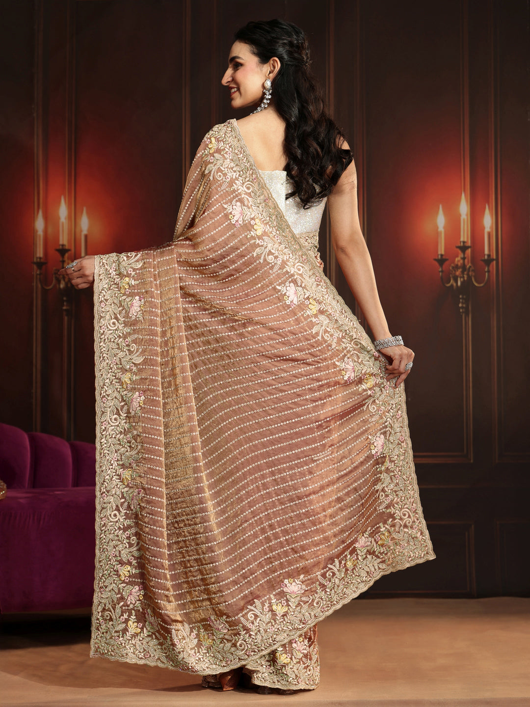 Libas Art Rust Brown Embellished Tissue Saree