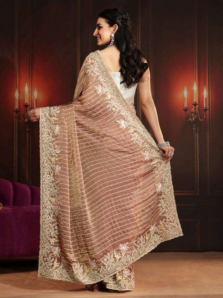 Libas Art Rust Brown Embellished Tissue Saree