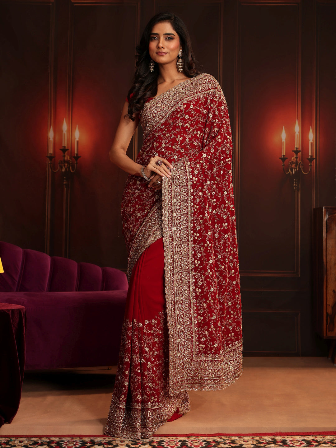 Libas Art Deep Maroon Red Embroidered Georgette Saree