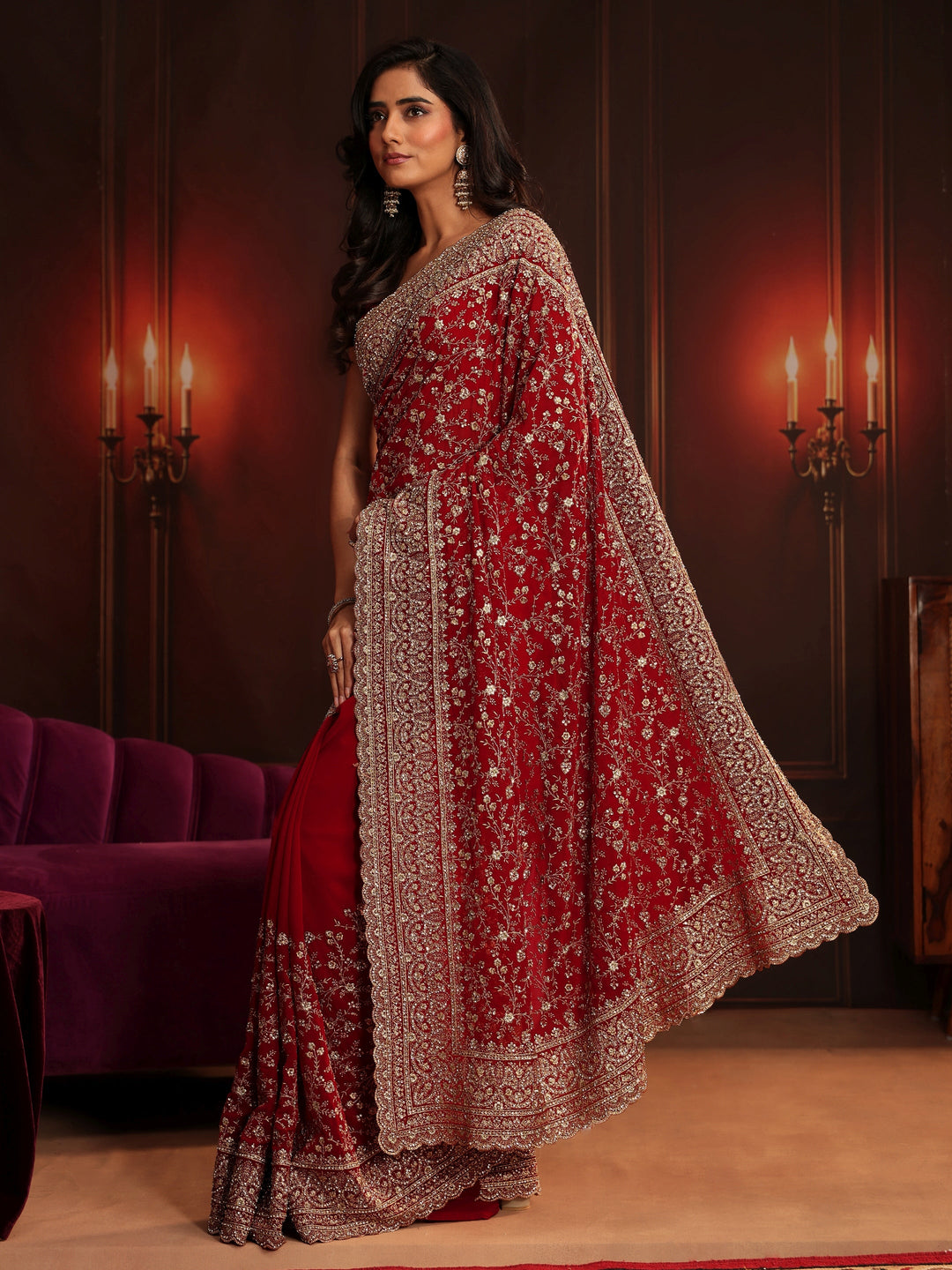 Libas Art Deep Maroon Red Embroidered Georgette Saree