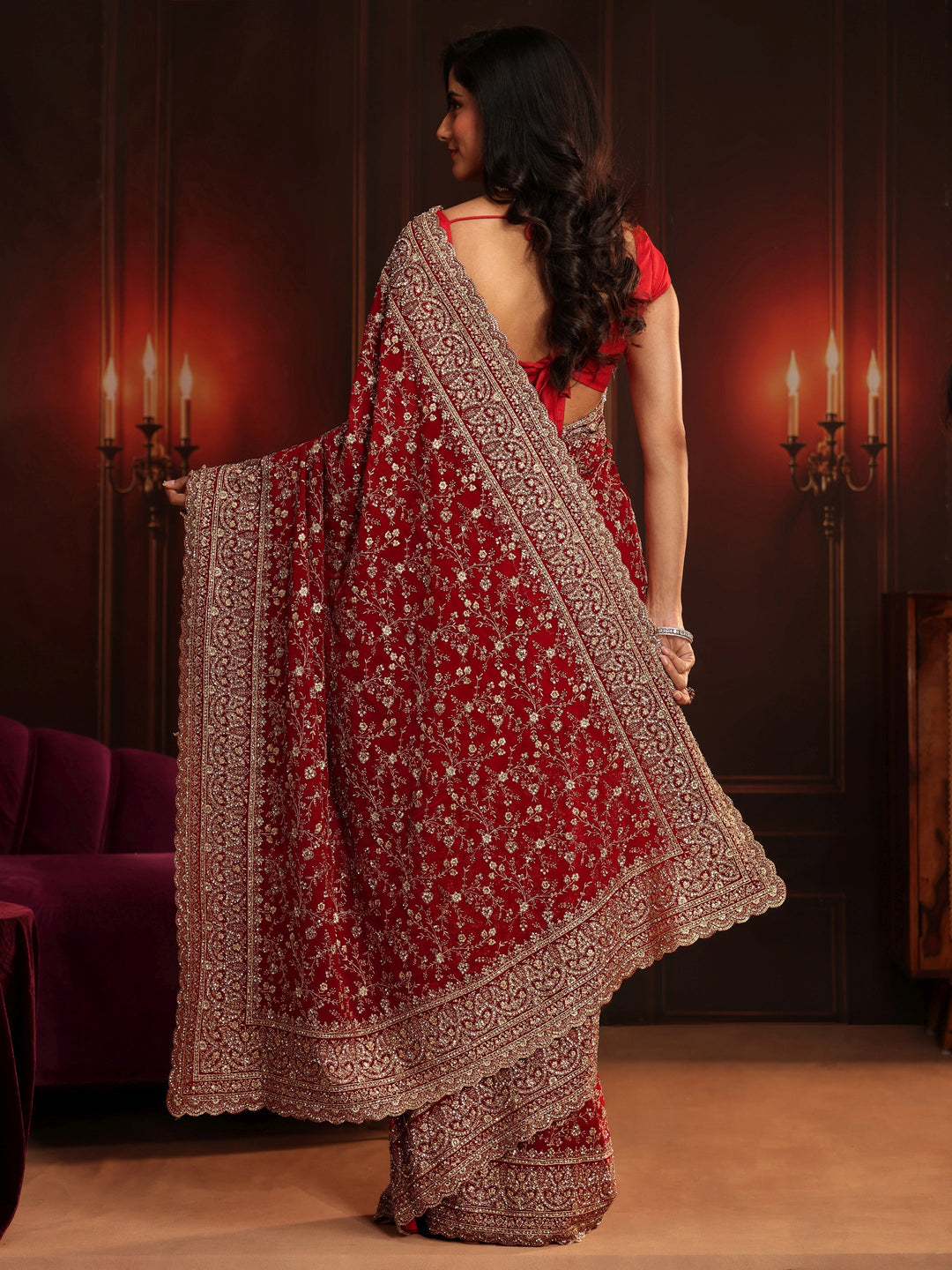 Libas Art Deep Maroon Red Embroidered Georgette Saree