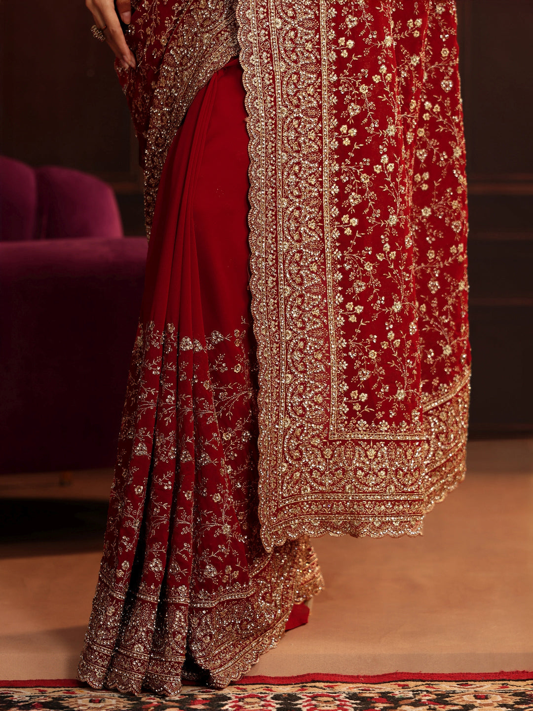 Libas Art Deep Maroon Red Embroidered Georgette Saree