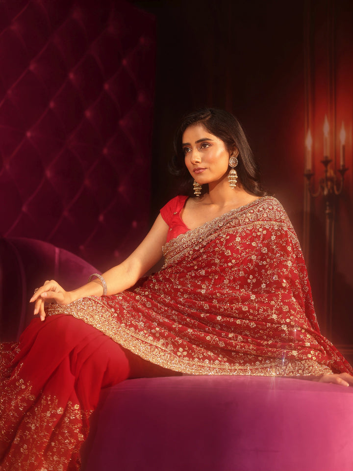 Libas Art Deep Maroon Red Embroidered Georgette Saree