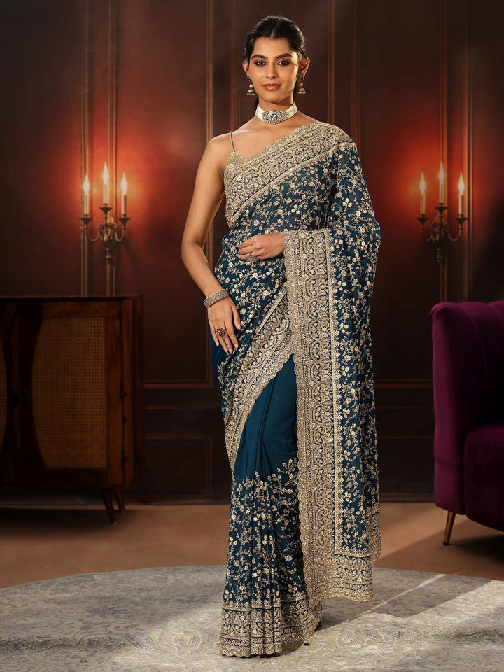 Libas Art Teal Blue Floral Embroidered Georgette Saree