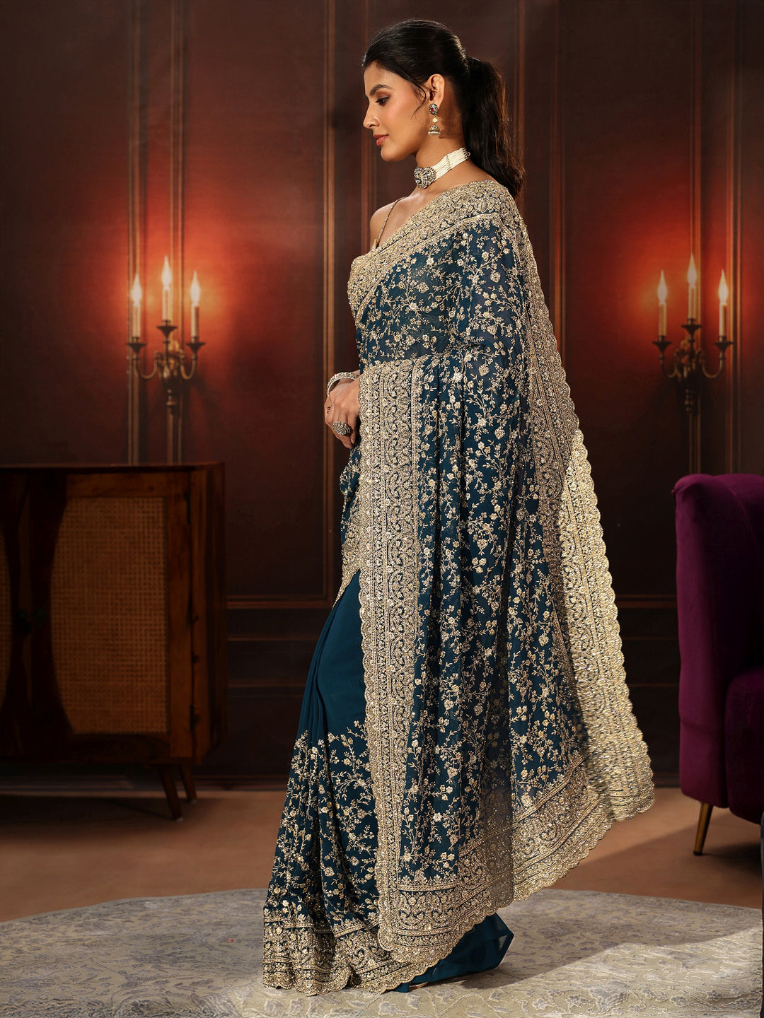 Libas Art Teal Blue Floral Embroidered Georgette Saree