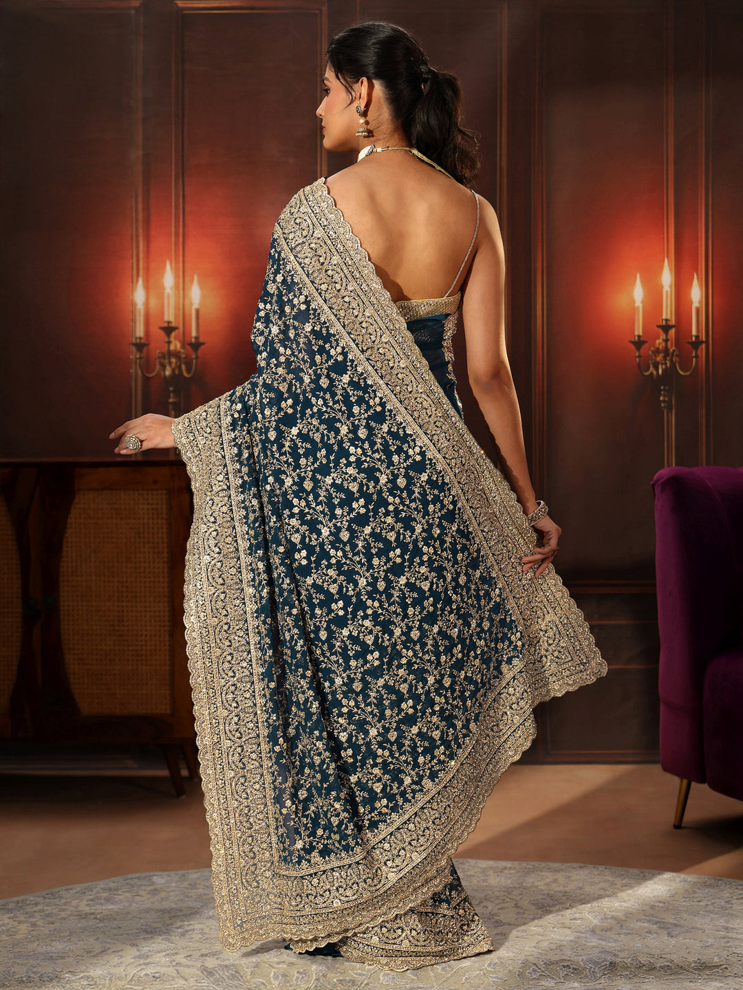 Libas Art Teal Blue Floral Embroidered Georgette Saree