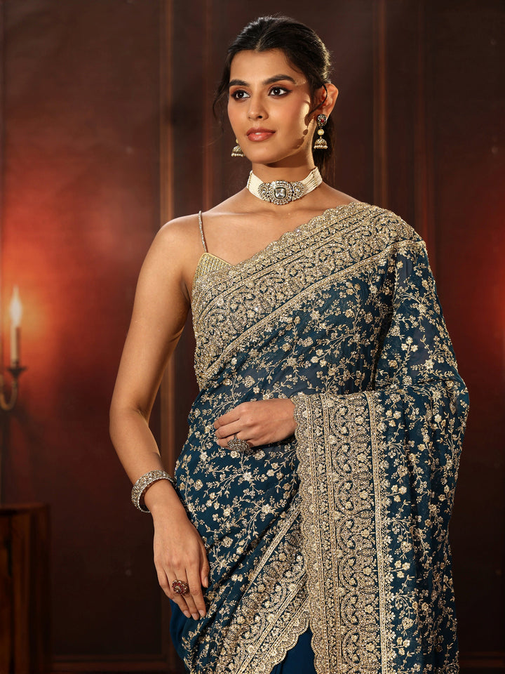 Libas Art Teal Blue Floral Embroidered Georgette Saree