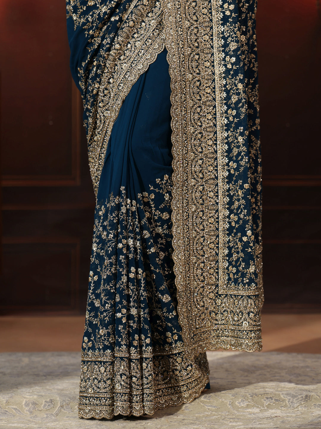 Libas Art Teal Blue Floral Embroidered Georgette Saree