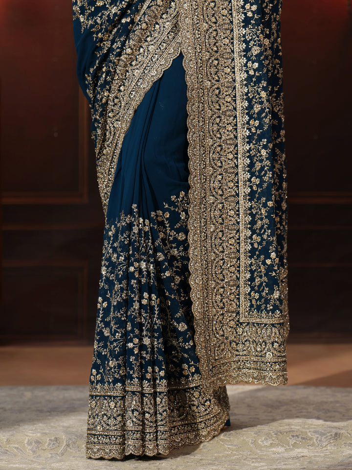 Libas Art Teal Blue Floral Embroidered Georgette Saree