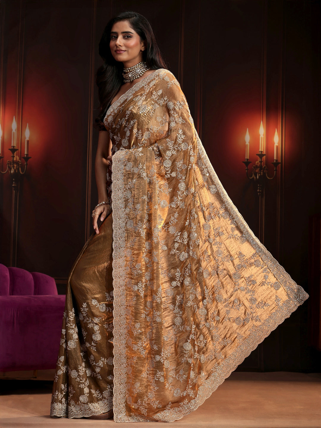 Libas Art Henna Green Floral Embellished Tissue Saree