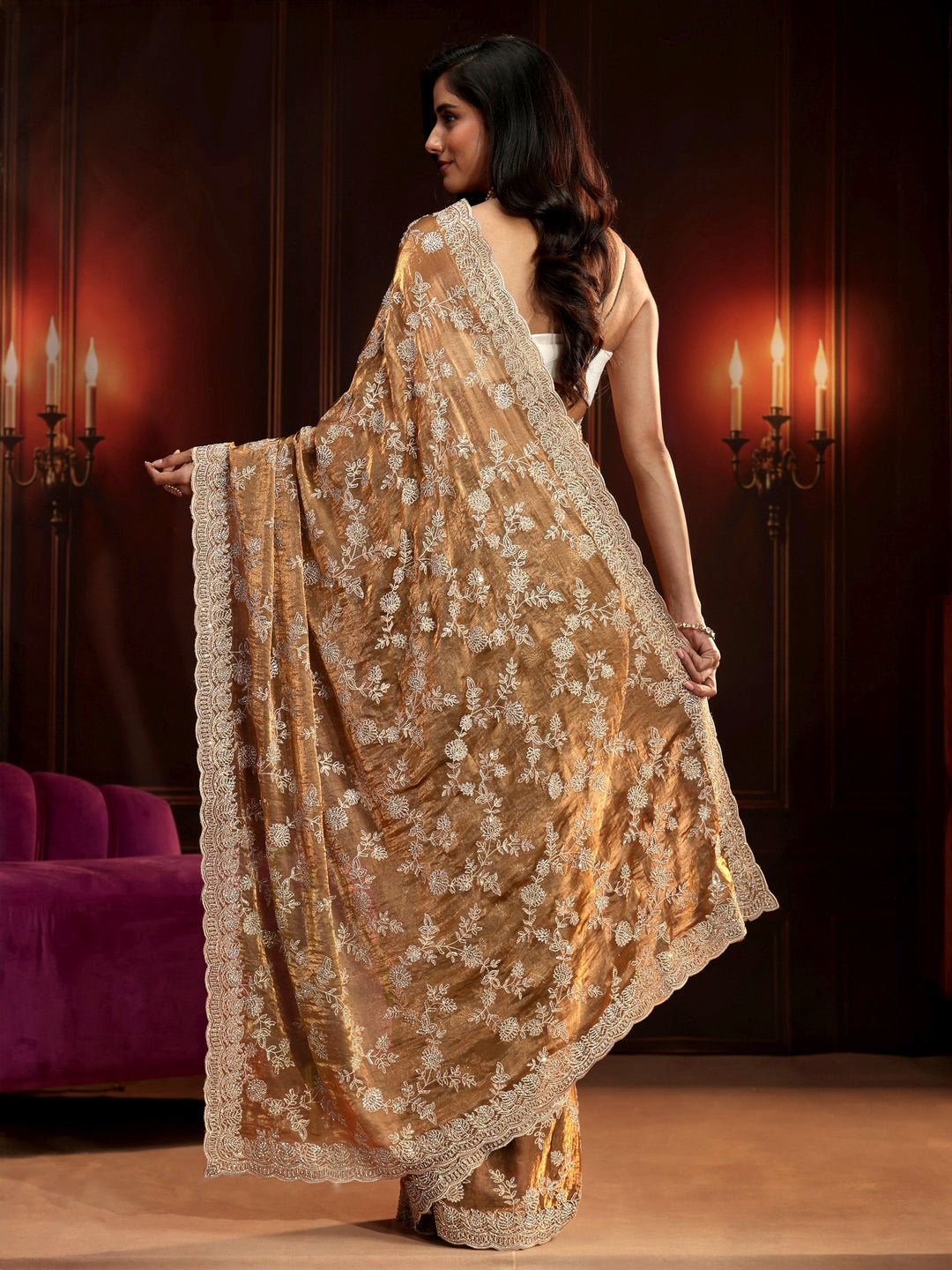Libas Art Henna Green Floral Embellished Tissue Saree