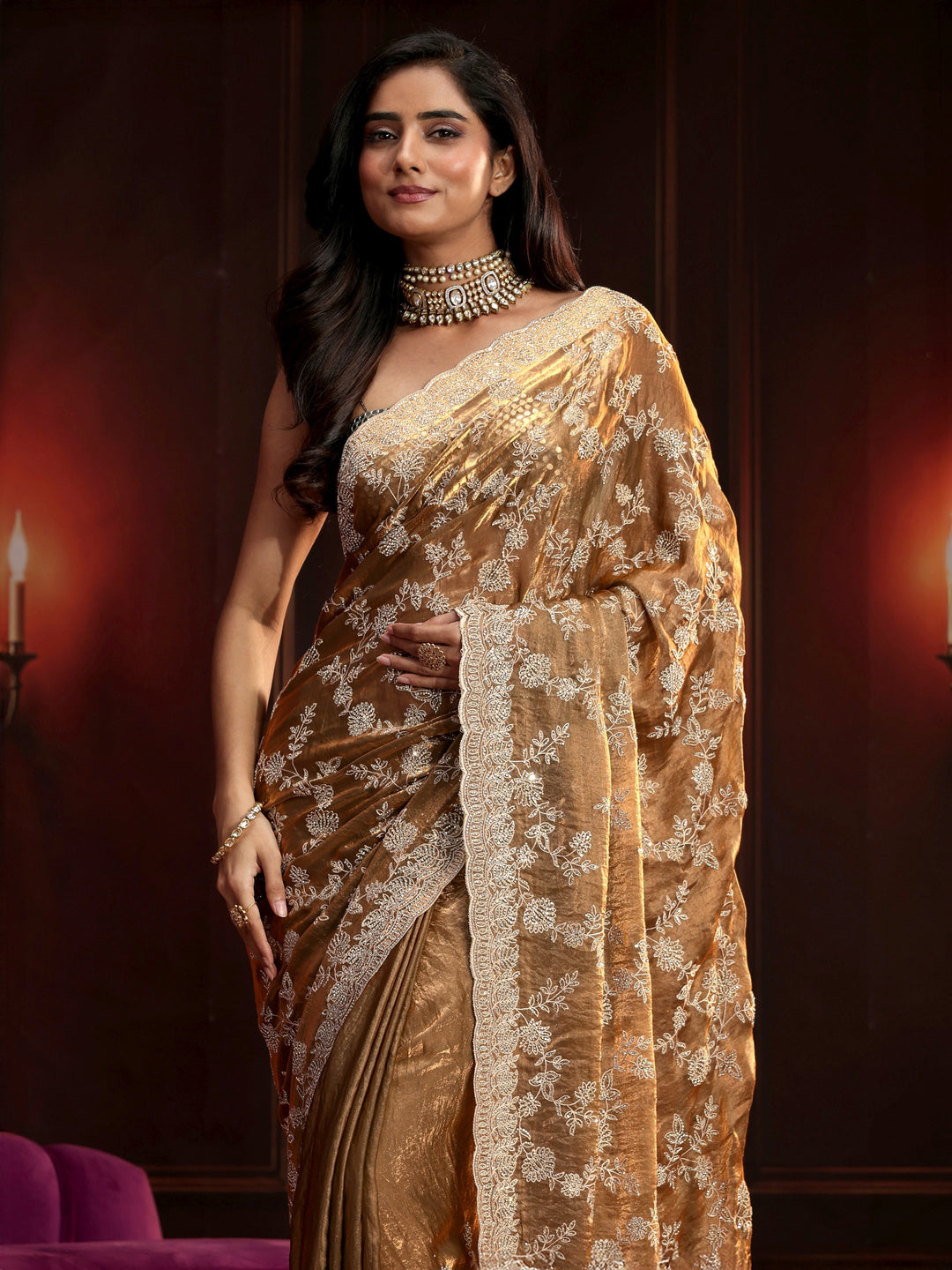 Libas Art Henna Green Floral Embellished Tissue Saree