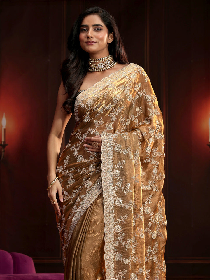 Libas Art Henna Green Floral Embellished Tissue Saree