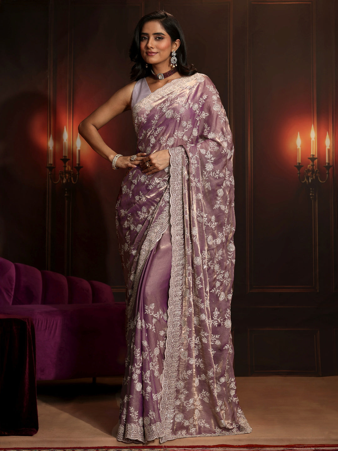 Libas Art Lavender Floral Embellished Tissue Saree