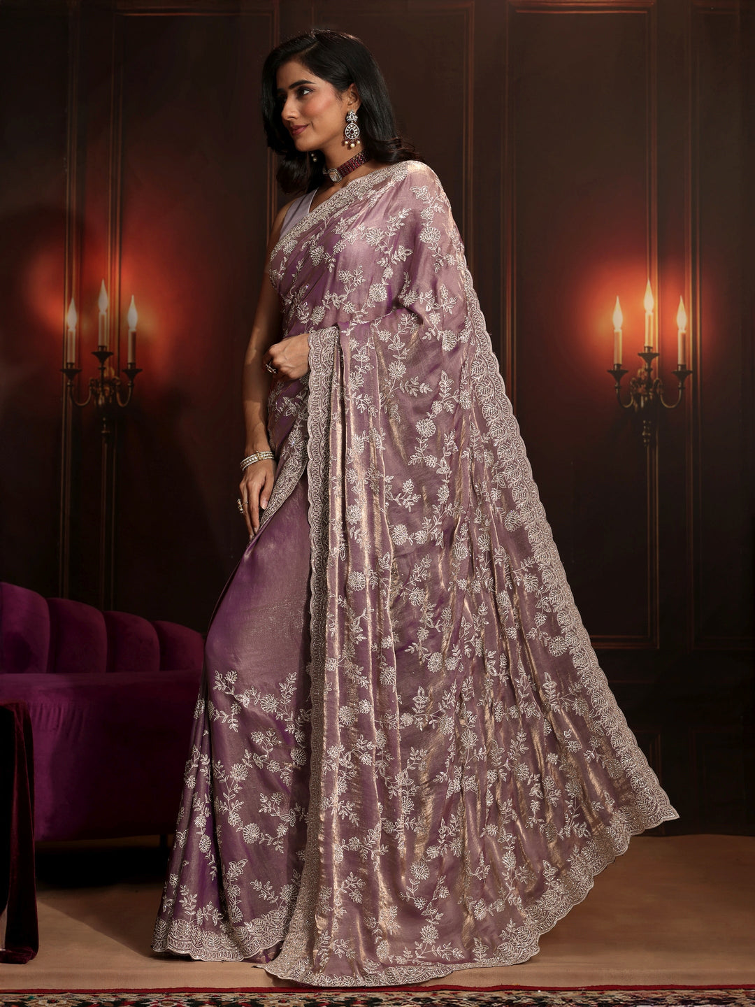 Libas Art Lavender Floral Embellished Tissue Saree