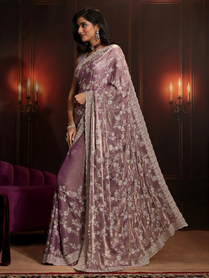 Libas Art Lavender Floral Embellished Tissue Saree