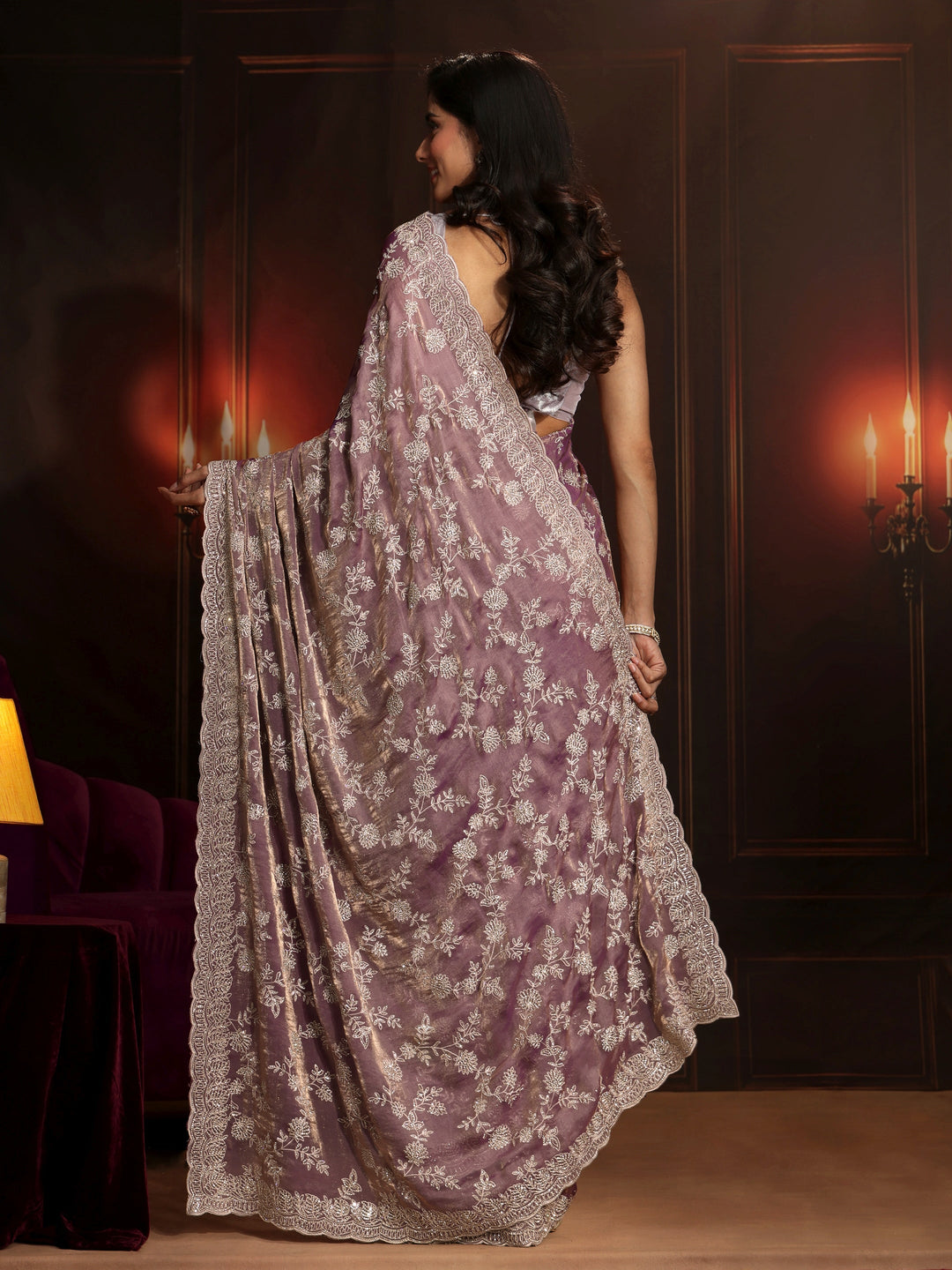 Libas Art Lavender Floral Embellished Tissue Saree