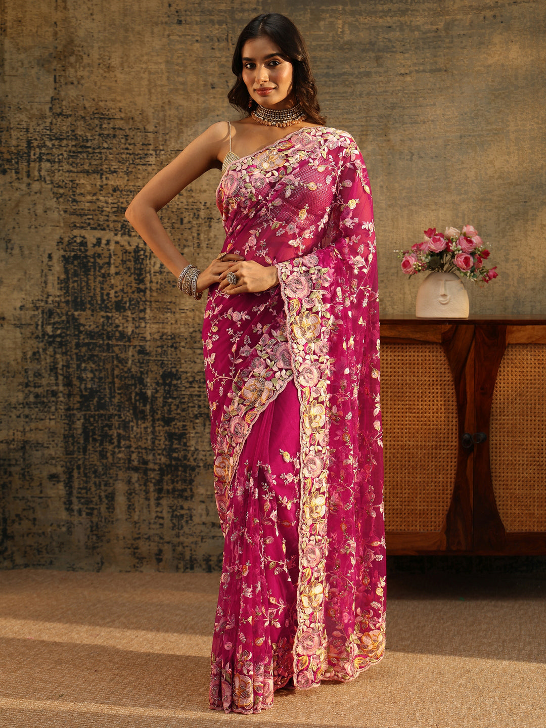 Libas Art Rani Pink Floral Embroidered Net Saree