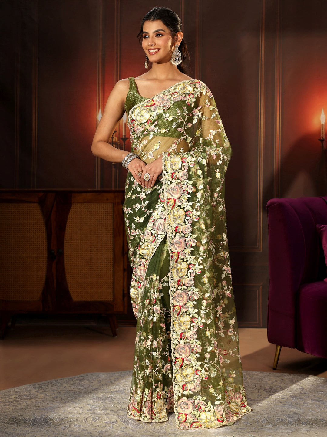 Libas Art Olive Green Floral Embroidered Net Saree