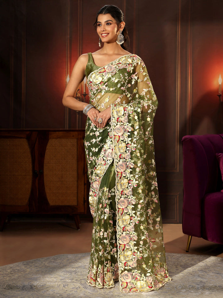 Libas Art Olive Green Floral Embroidered Net Saree