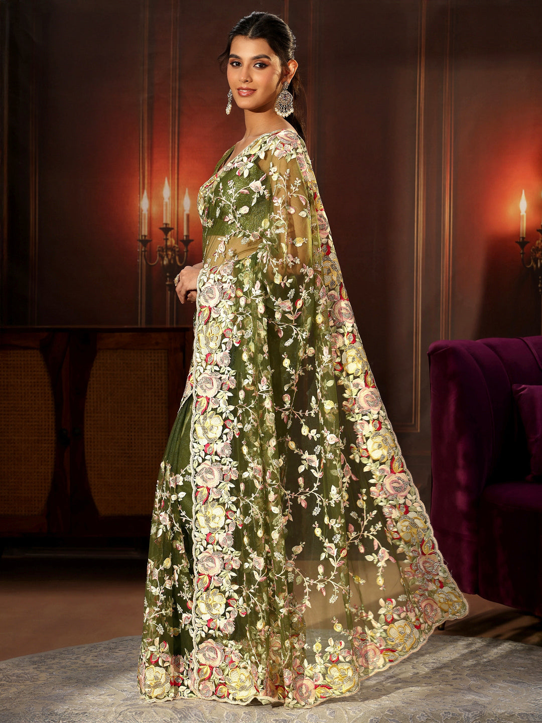Libas Art Olive Green Floral Embroidered Net Saree