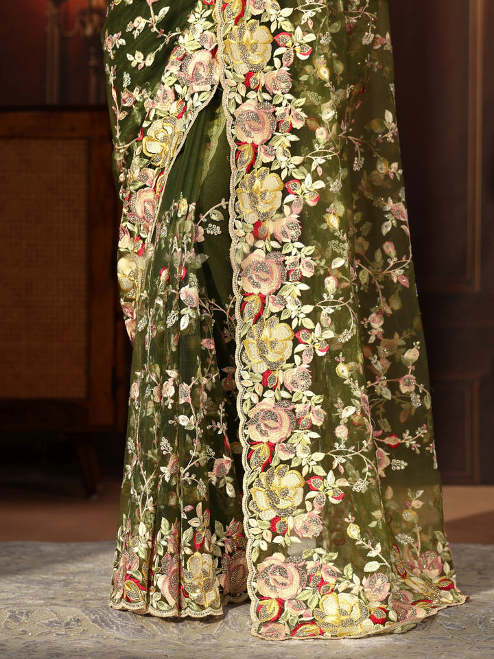 Libas Art Olive Green Floral Embroidered Net Saree