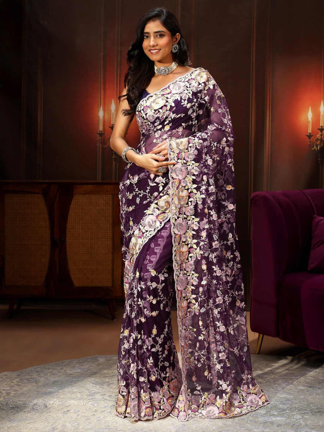 Libas Art Plum Purple Floral Embroidered Net Saree