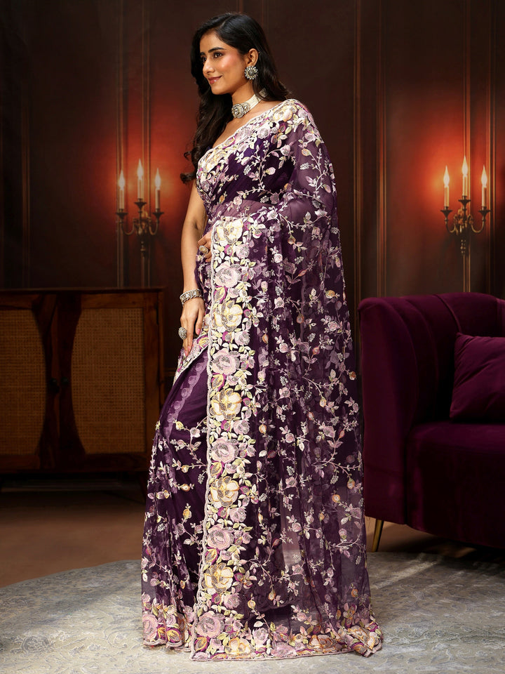 Libas Art Plum Purple Floral Embroidered Net Saree