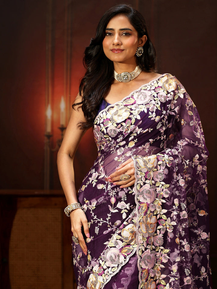 Libas Art Plum Purple Floral Embroidered Net Saree