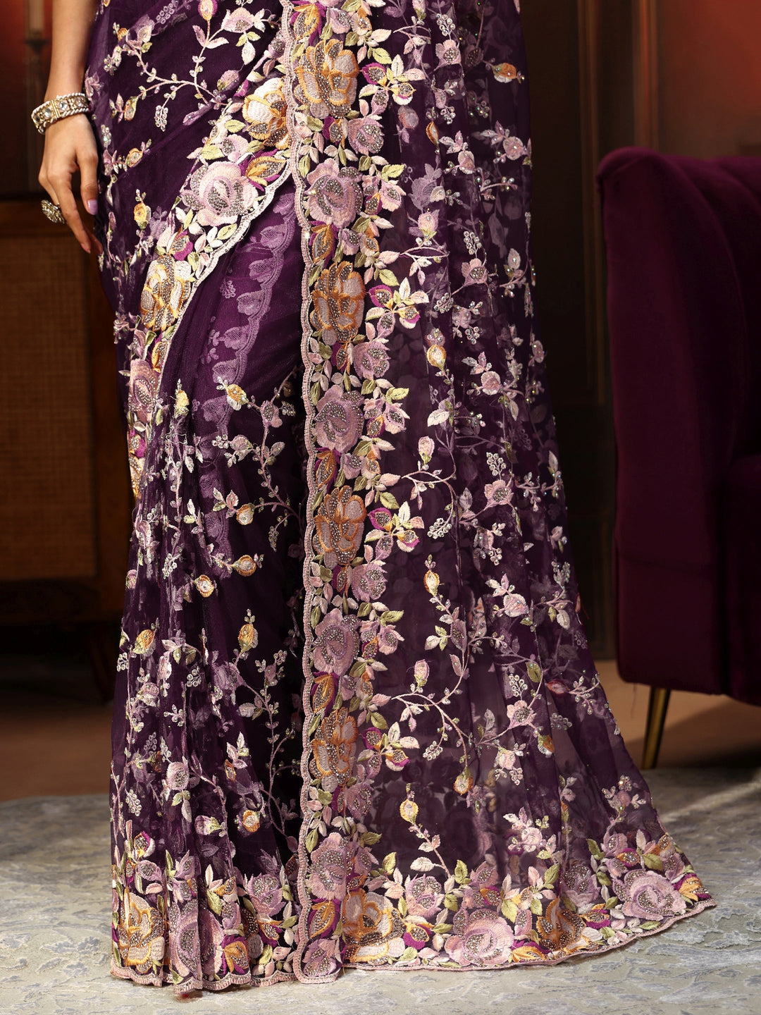 Libas Art Plum Purple Floral Embroidered Net Saree