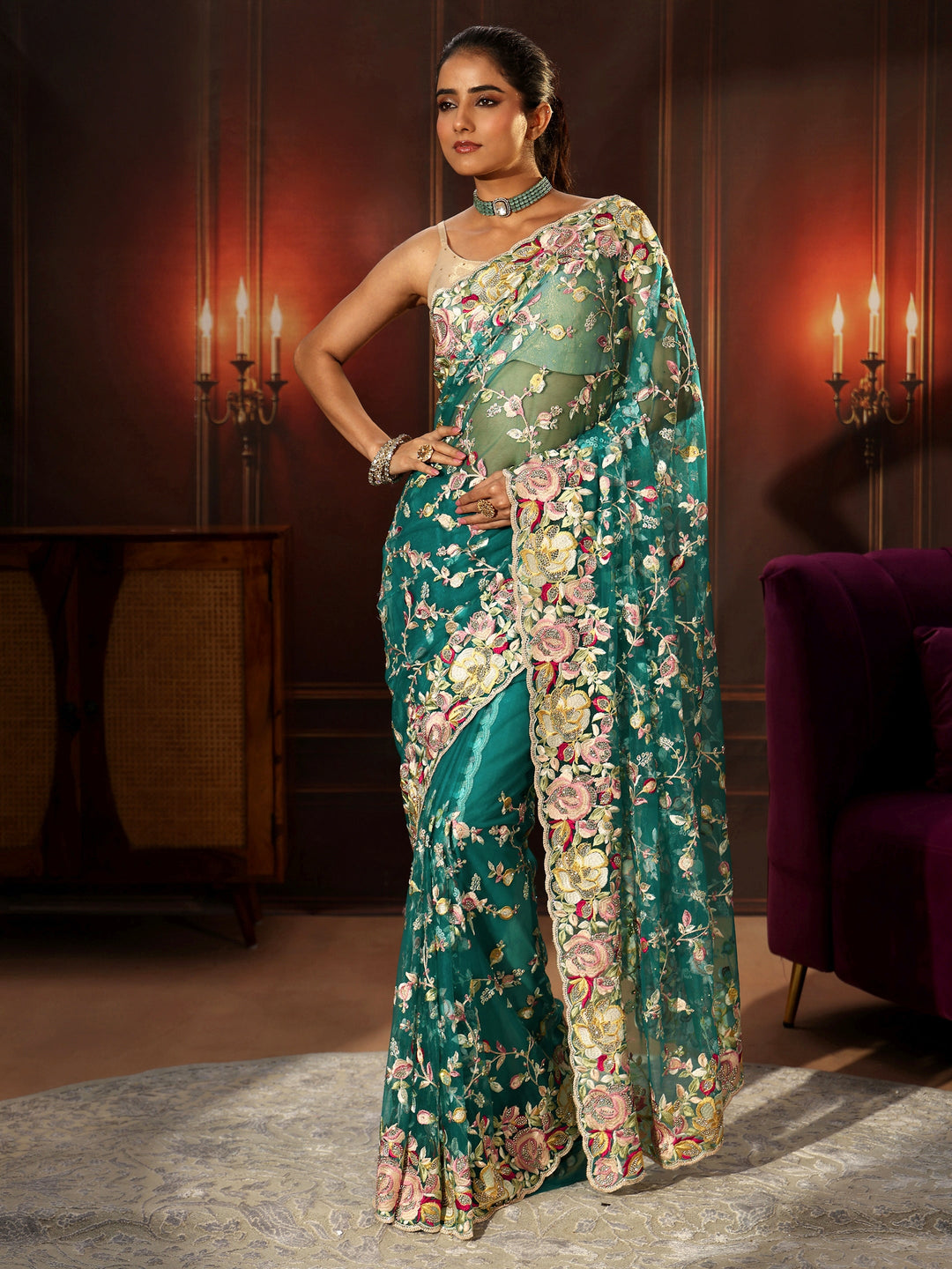 Libas Art Sea Green Floral Embroidered Net Saree
